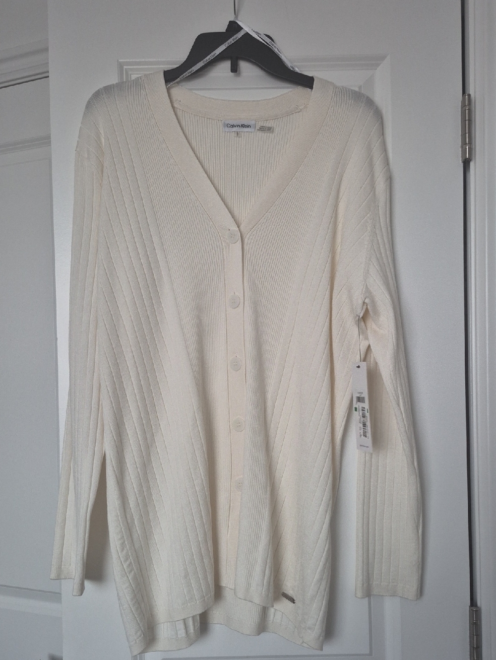 Calvin Klein Cream Ribbed Button-Down V-Neck Cardigan